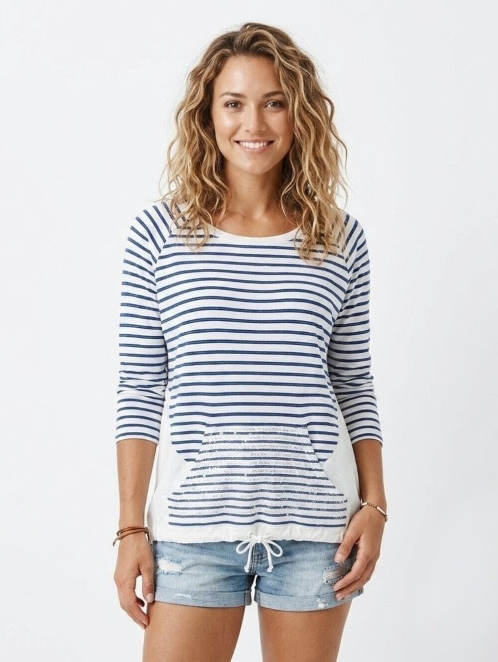 Bogner Blue & White Striped Sequin Pocket Drawstring Hem Top - US 10